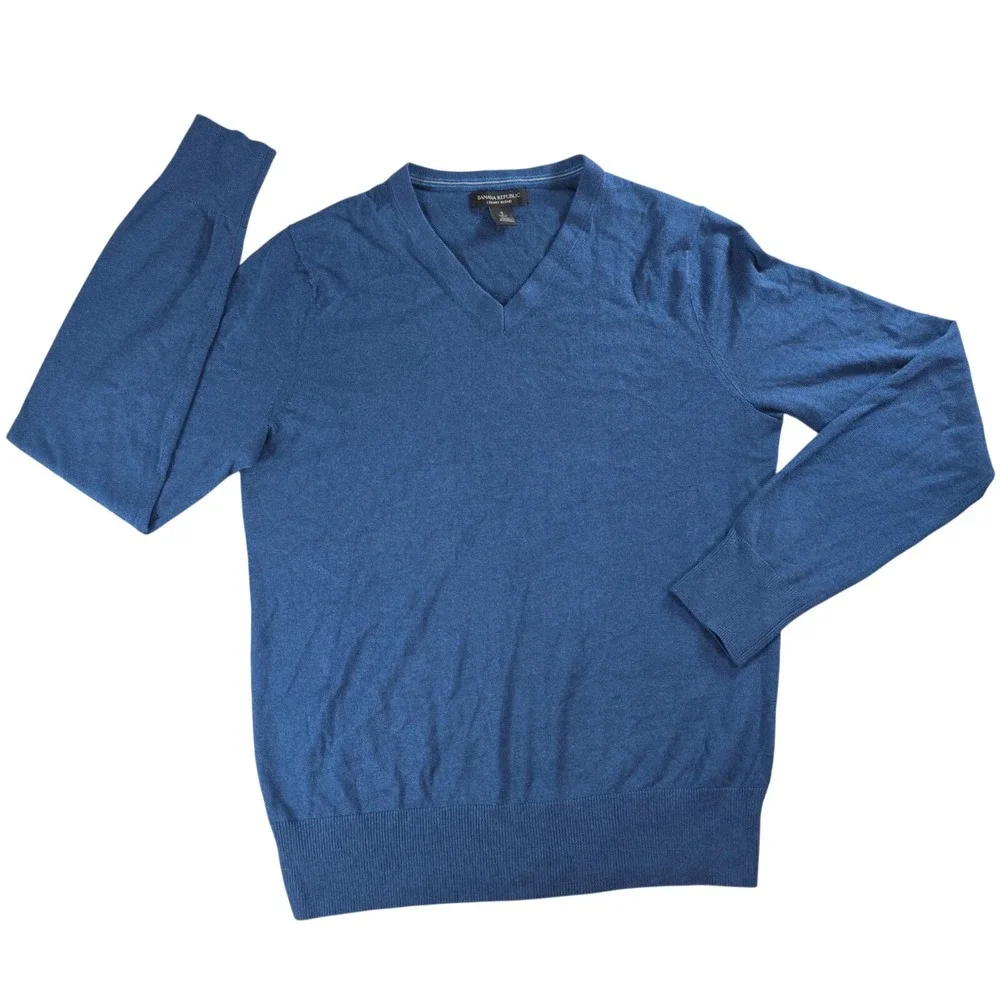 Banana Republic Mens Small Blue V-Neck Sweater Silk Cotton Cashmere Luxury Blend